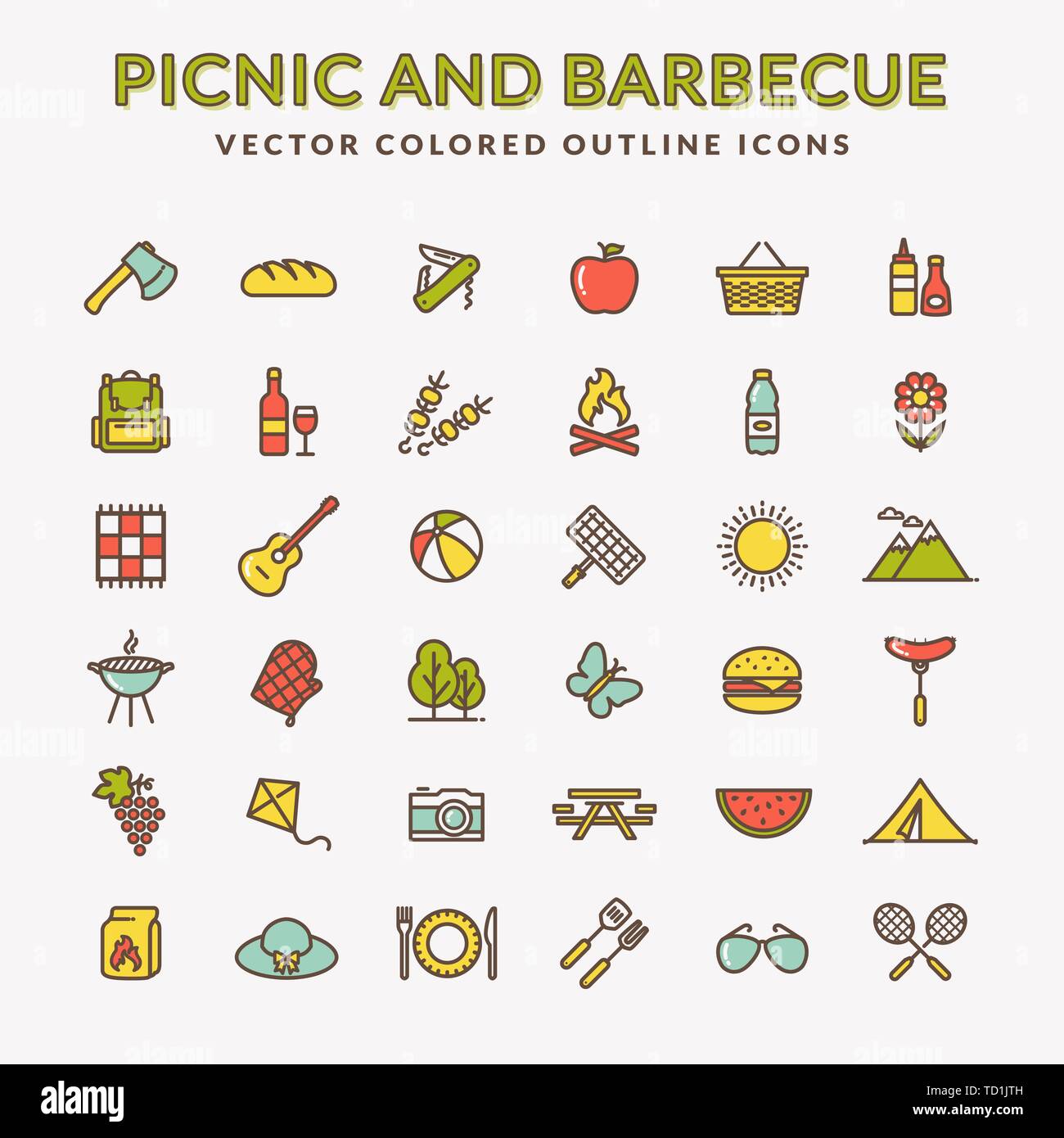 Picknick und Grill Web-Icons. Satz von farbigen Linien Symbole für Outdoor-Erholung Thema. Sammlung von auf weißem Hintergrund isolierten Gliederungselementen. Stock Vektor