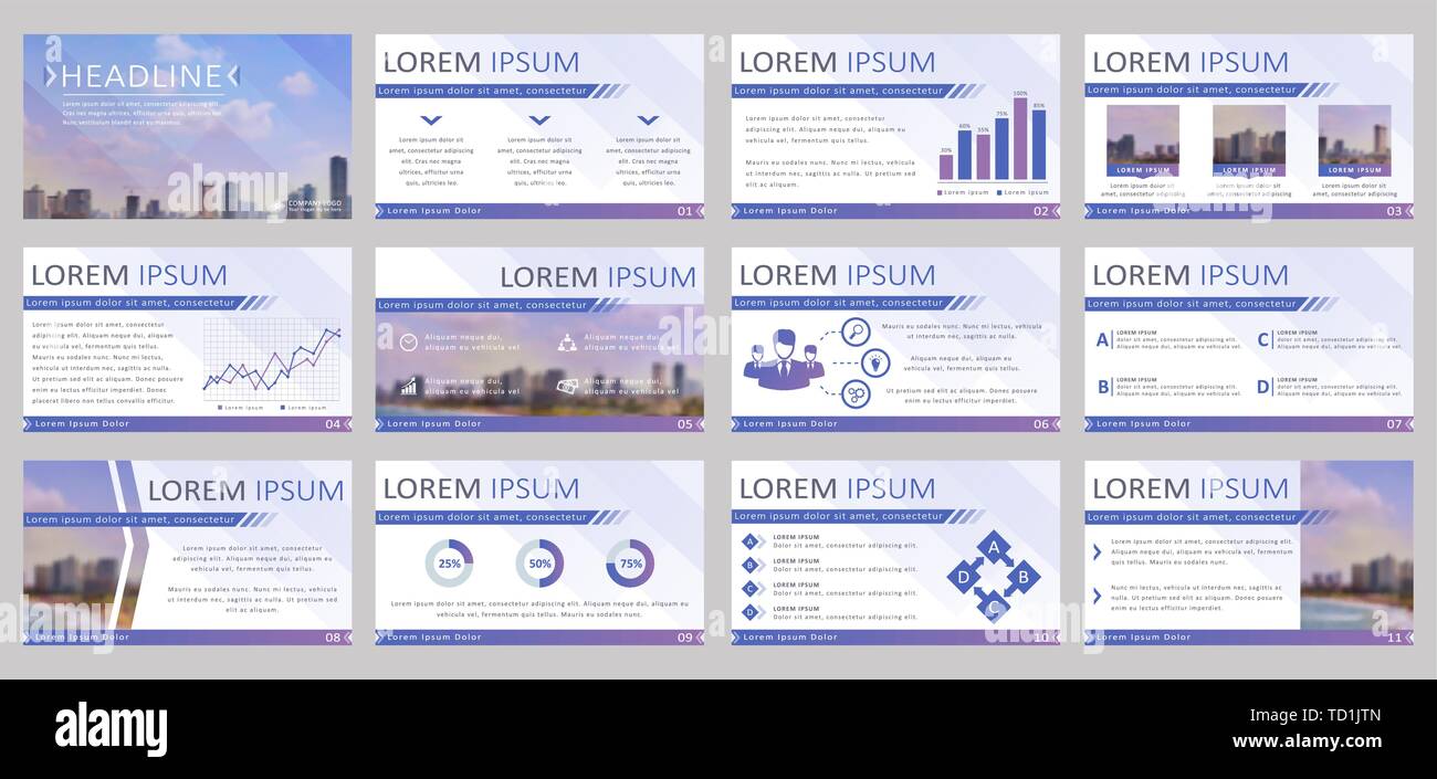 Set mit 12 Vorlagen für Business Presentation. Vektor Hintergründe mit infografik Elemente und verschwommenes Stadt Landschaften. Stock Vektor
