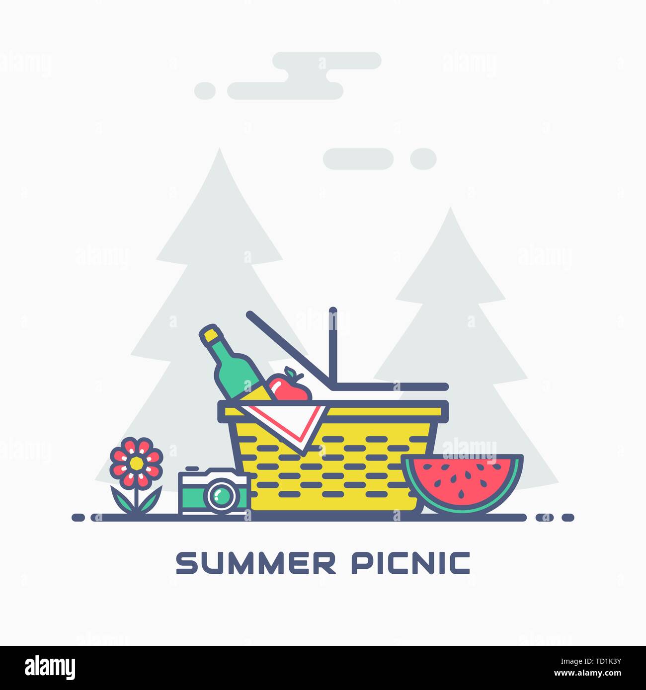 Sommer Picknick in der Natur. Vektor Banner mit Korb, Wein, Apfel, Wassermelone, Kamera und mit Bäumen im Hintergrund. Farbenfrohe, moderne Linie Abbildung. Stock Vektor