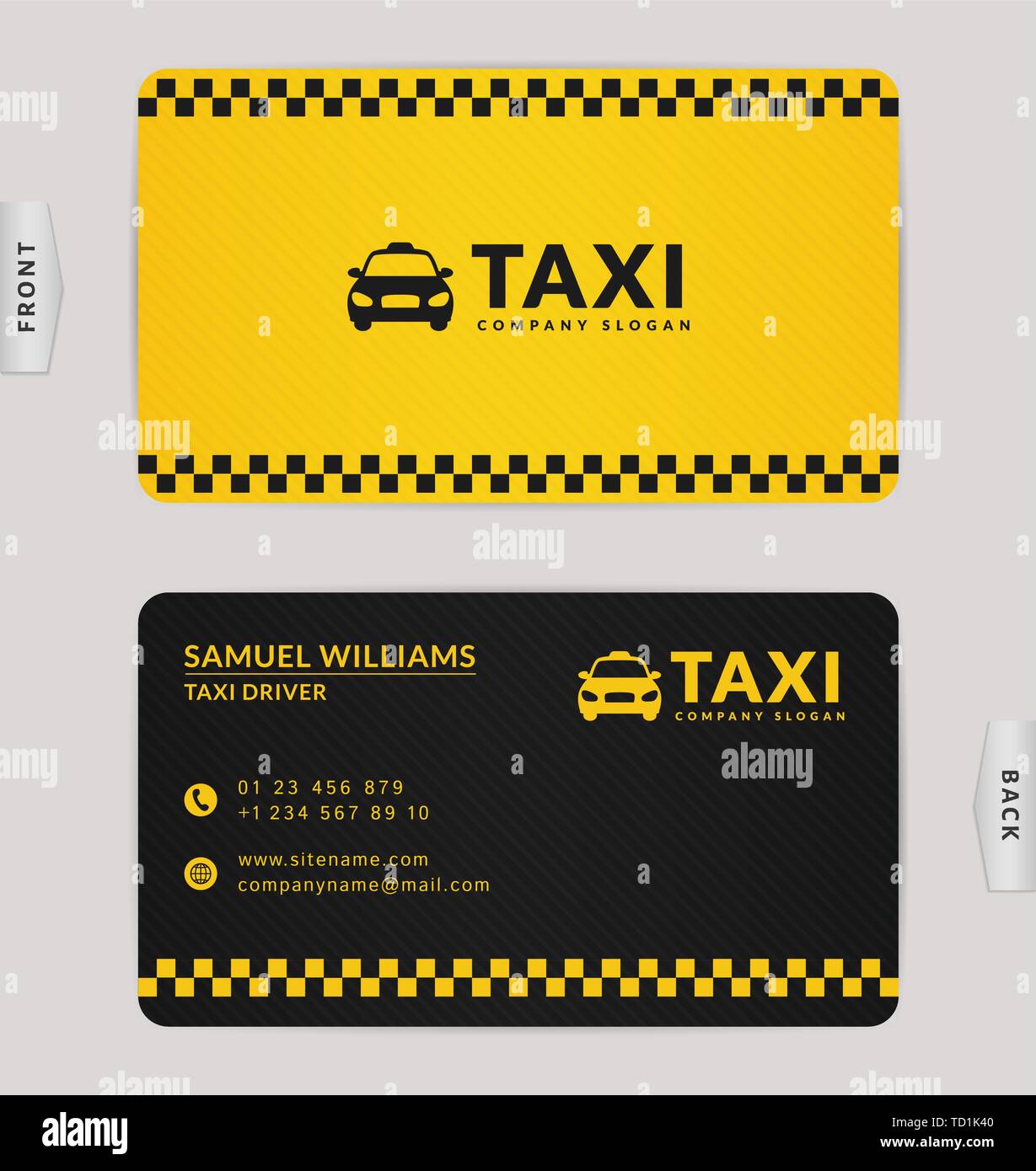 Business Card Design in Schwarz und Gelb. Stilvolle vector Template für Taxiunternehmen. Stock Vektor