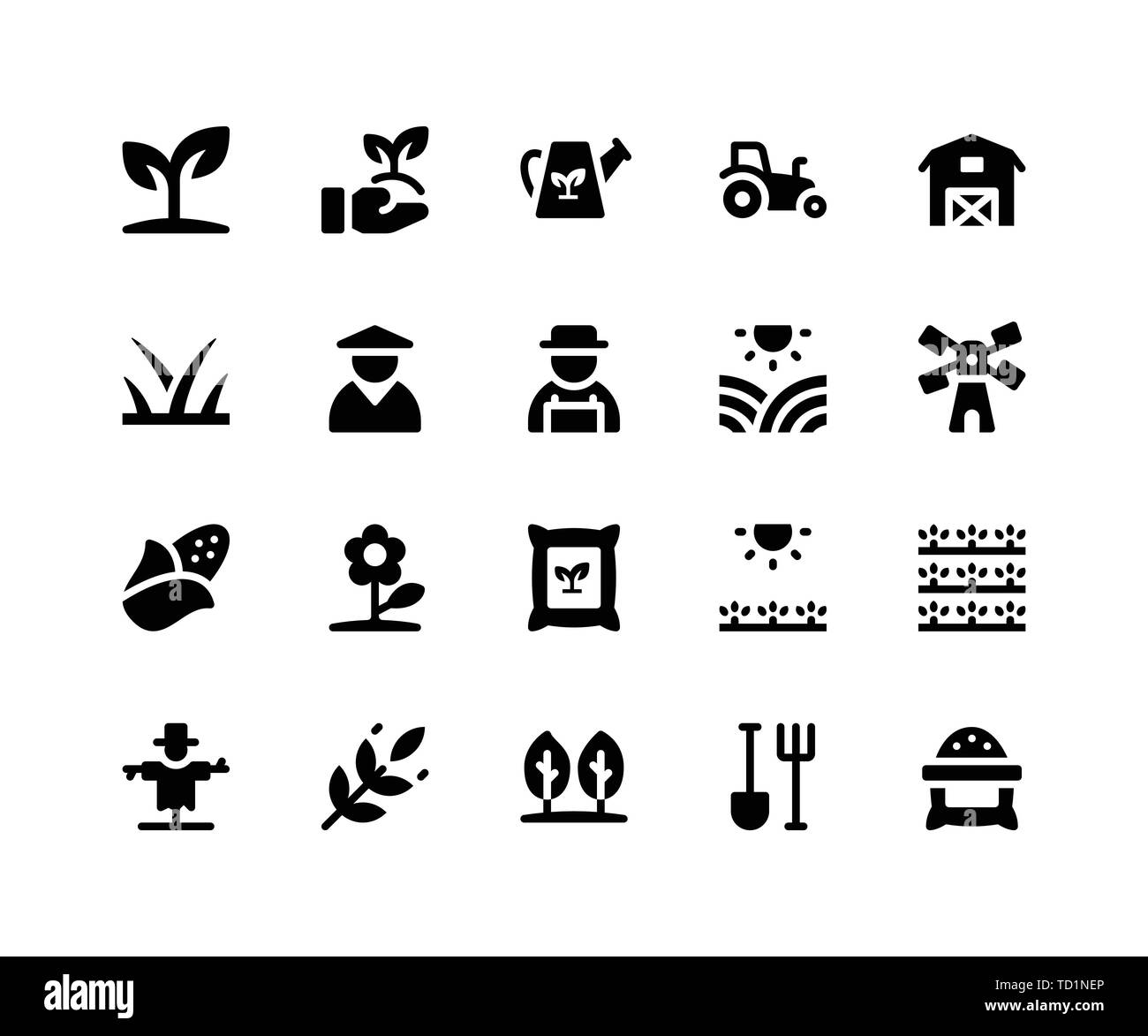 Einfache Landwirtschaft Vektor Glyphe Symbole. Enthält solche Ikonen als Pflanze, Bauernhof, Scheune, Sack, scarecrow und Mehr Stock Vektor