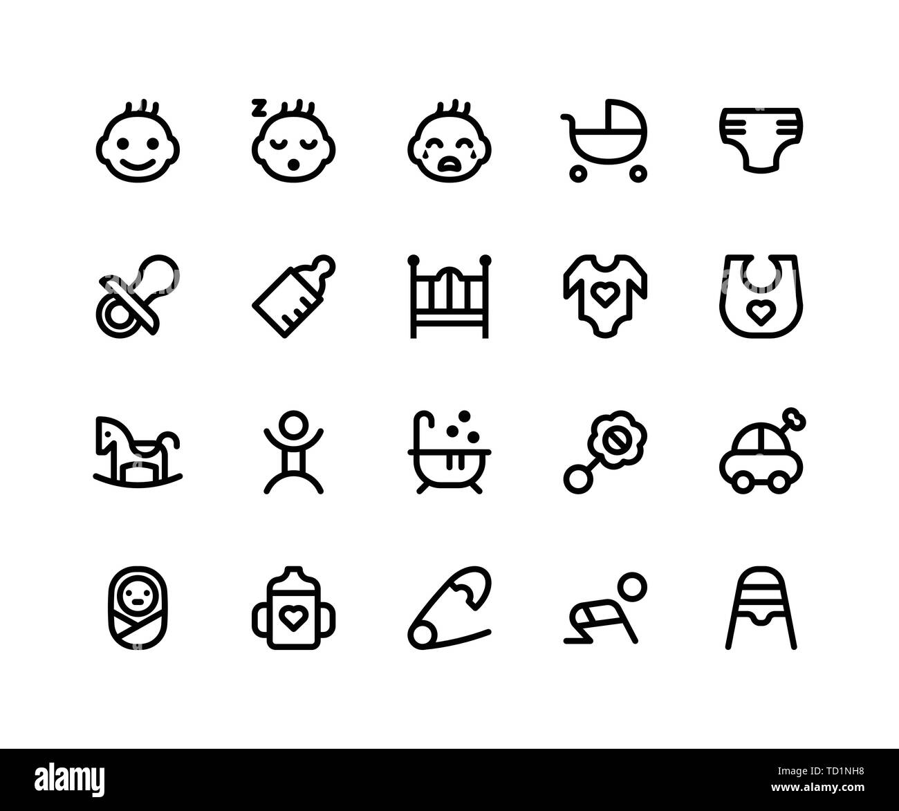 Einfache Baby ähnliche Vektor Zeile für Symbole. Enthält solche Ikonen wie Baby, Kinderwagen, Windeln, Schnuller, Flasche und mehr. Pixel Perfect Vector Icons bas Stock Vektor