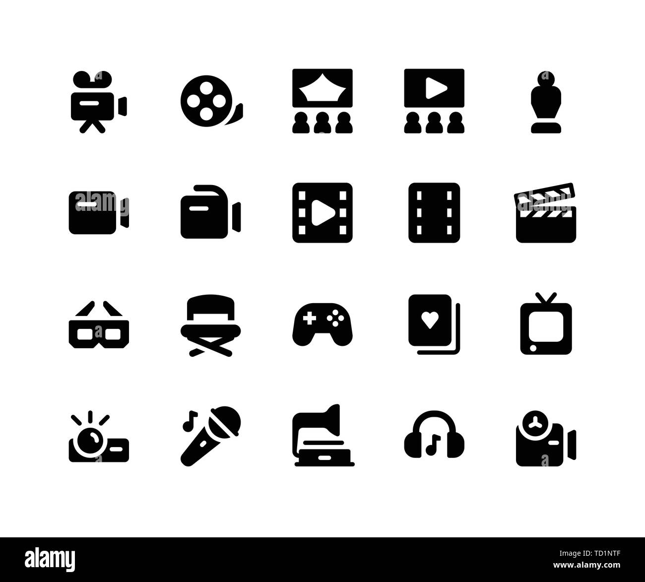 Einfache Unterhaltung Verwandte Vektor Glyphe Symbole. Enthält solche Ikonen wie Kamera, Film, Theater, Filmstreifen, Trophäe und mehr. Pixel Perfect vecto Stock Vektor