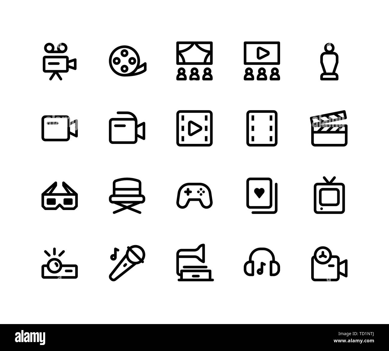 Einfache Unterhaltung Verwandte Vektor gefüllt Zeile für Symbole. Enthält solche Ikonen wie Kamera, Film, Theater, Filmstreifen, Trophäe und mehr. Pixel Perfect Stock Vektor