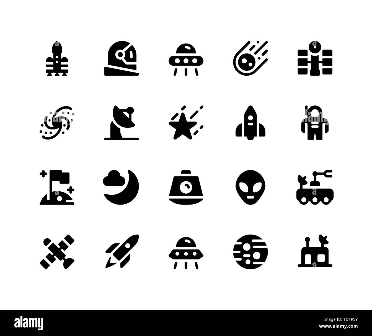 Einfache Raumfahrt Vektor Glyphe Symbole. Enthält solche Ikonen wie Rakete, Astronaut, Alien, Kometen, Satelliten und Vieles mehr. Pixel Perfect Vector Icons Stock Vektor