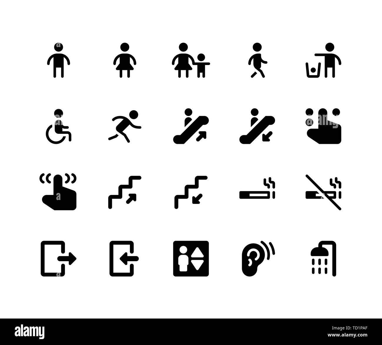 Einfache Leitsysteme ergänzende Vektor Glyphe Symbole. Enthält solche Symbole als Zeichen, Männer, Frauen, Gehen, Laufen, Rollstuhl und mehr. Pixel Perfect Vektor Stock Vektor