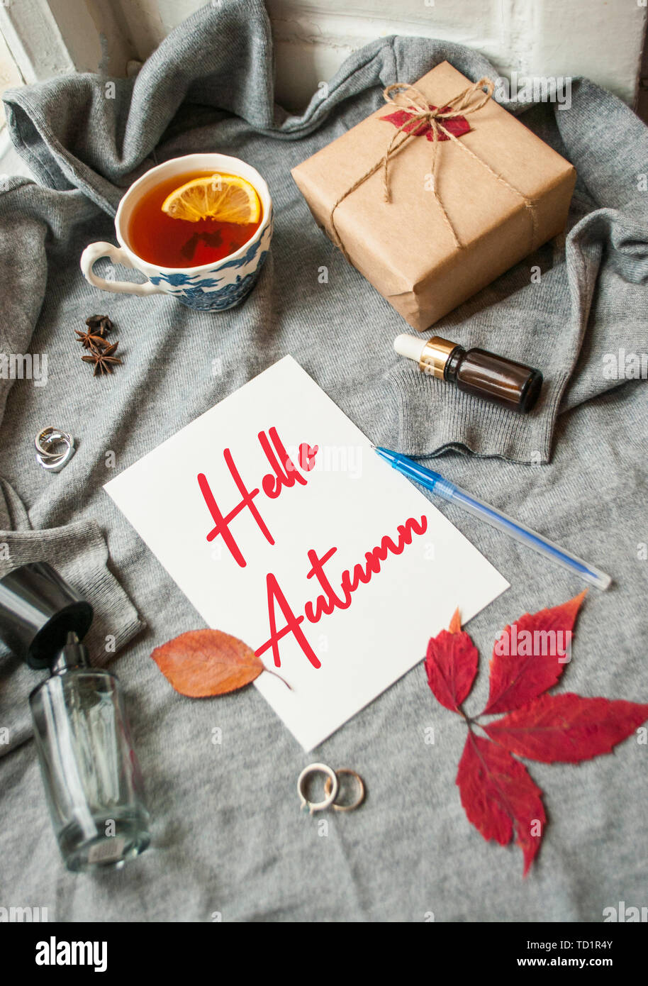 Tasse Tee mit Zitrone, geschenkset und verschiedenen Accessoires auf grauem Hintergrund gestrickt. Gemütliche Herbst - Winter Konzept. Stockfoto