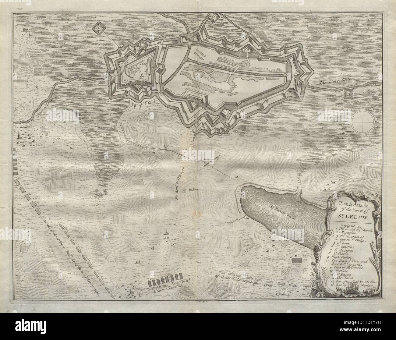 Plan des Angriffs auf die Stadt St. Leeuw. Zoutleeuw, Belgien. DU BOSC 1736 Karte Stockfoto