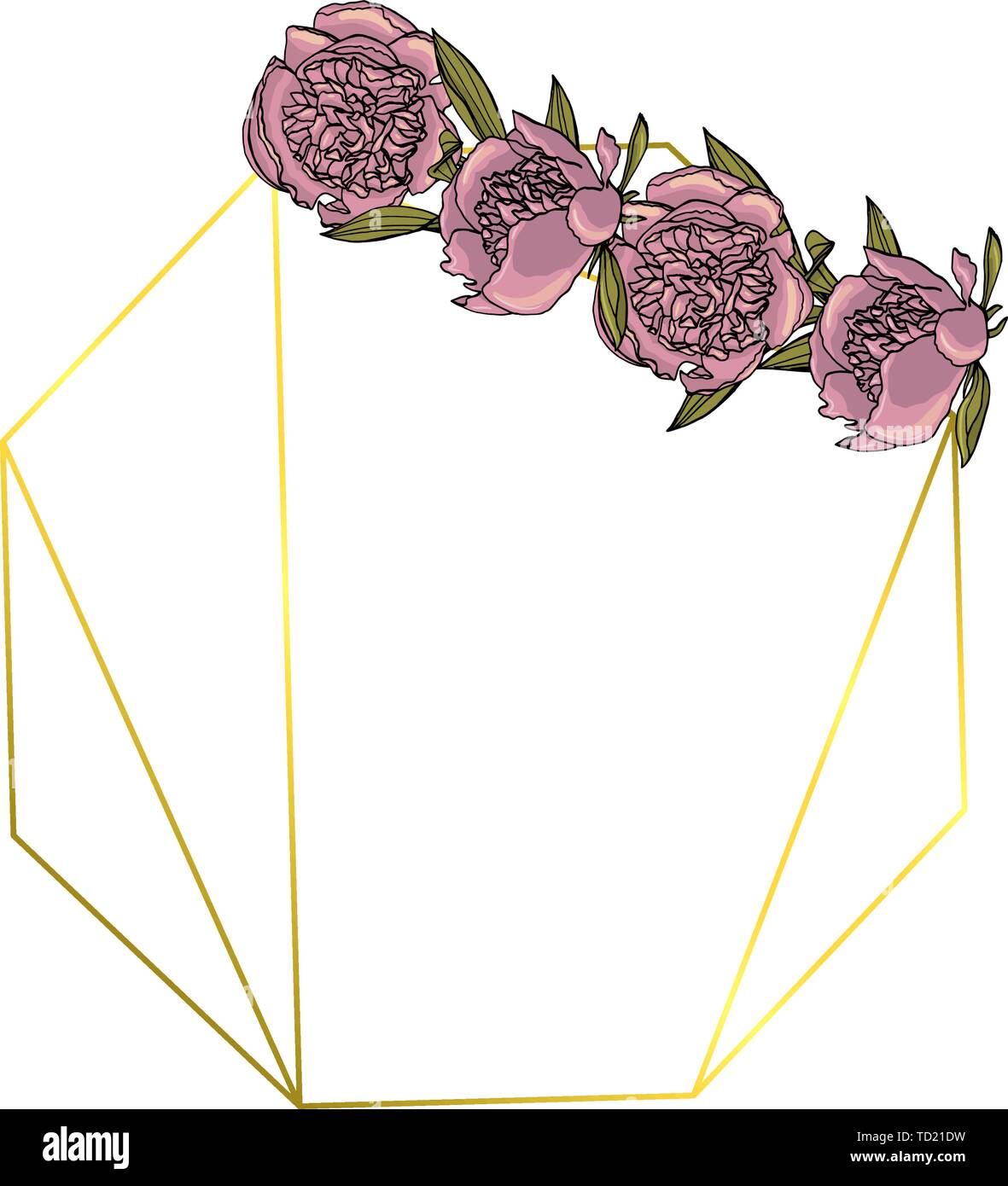 Hand doodle Style violett Pfingstrose Kranz mit polygonalen Girlande gezeichnet, Vintage geometrischen Rahmen, florales Design Element. isoliert auf weißem backgroun Stock Vektor