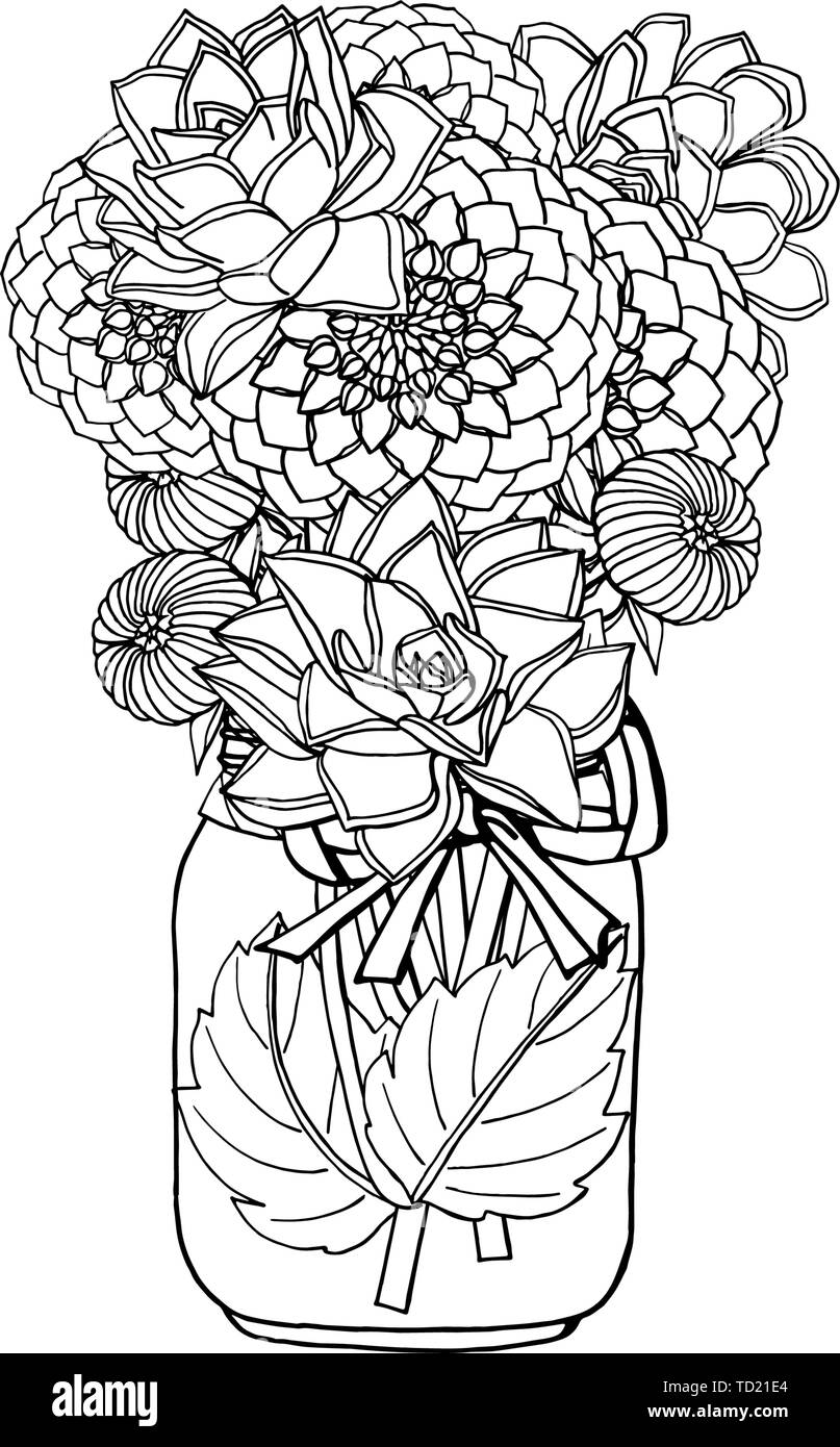 Hand gezeichnet Doodle style Blumensträuße von verschiedenen Blumen, Dahlie, Sukkulenten. auf weißem Hintergrund. Vektor illustration Stock Vektor