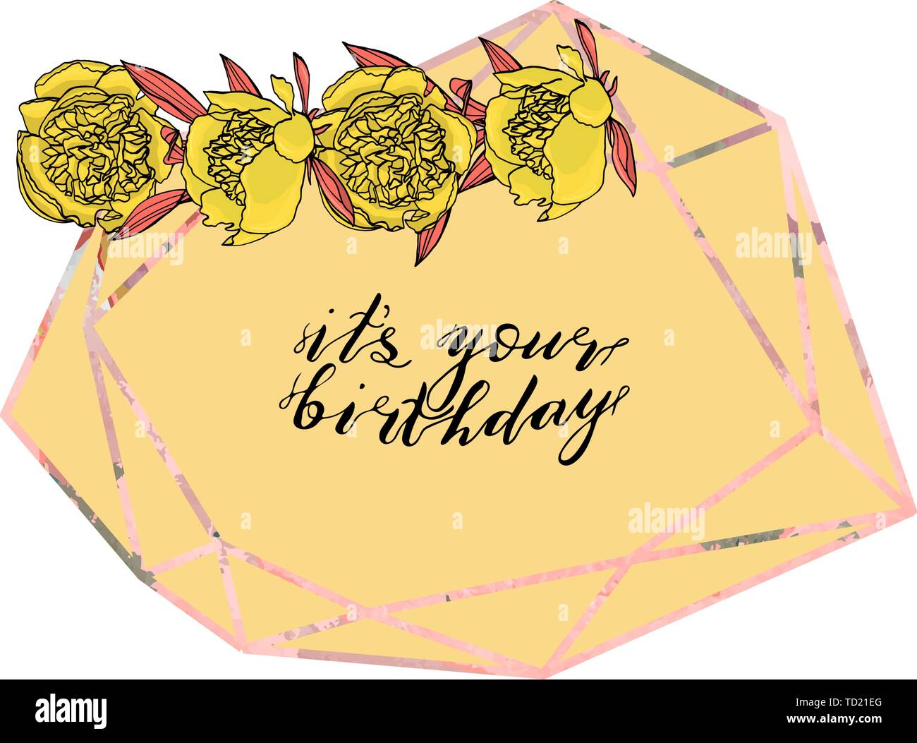 Hand doodle style Kranz aus Pfingstrose Blumen gezeichnet, mit polygonalen Girlande, Vintage geometrischen Rahmen, florales Design Element. isoliert auf weißem backgroun Stock Vektor