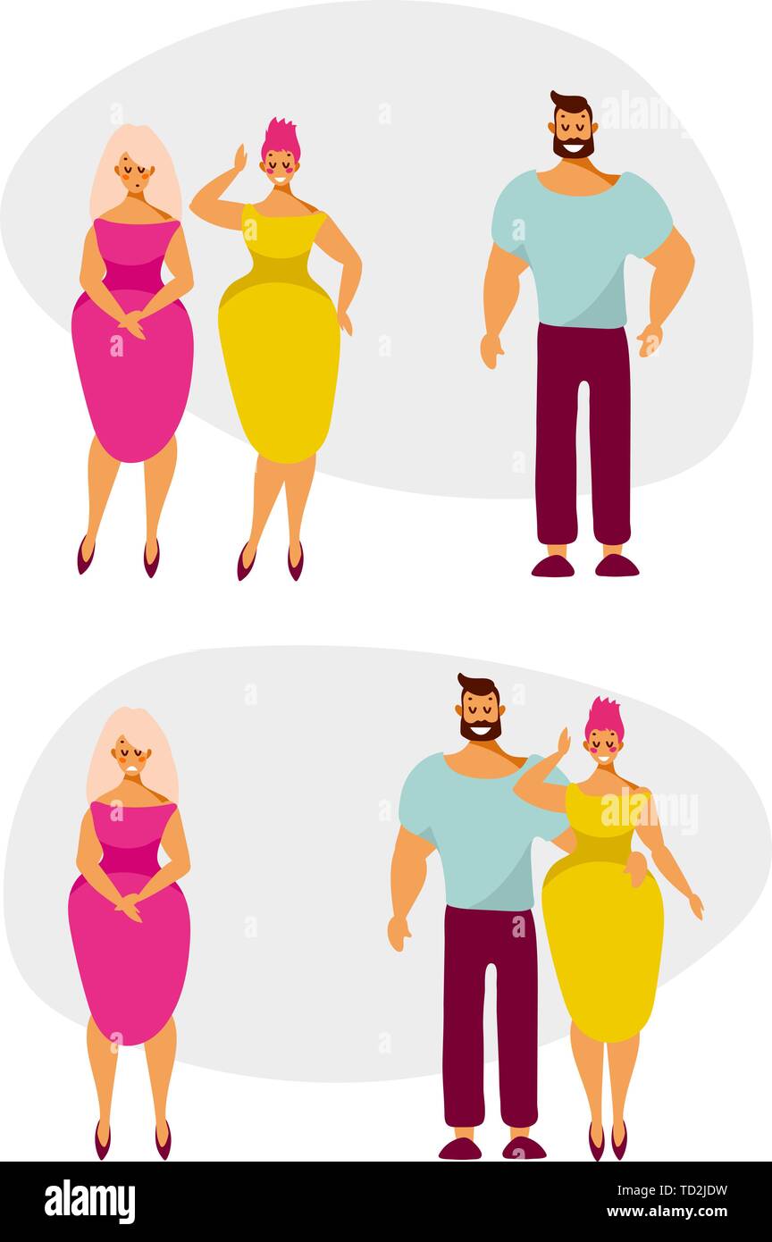 Liebe, das Datum und die Beziehung zwischen einem Mann und zwei Frauen. Comicfiguren auf ein Datum. Vector Illustration im flachen Stil. Stock Vektor