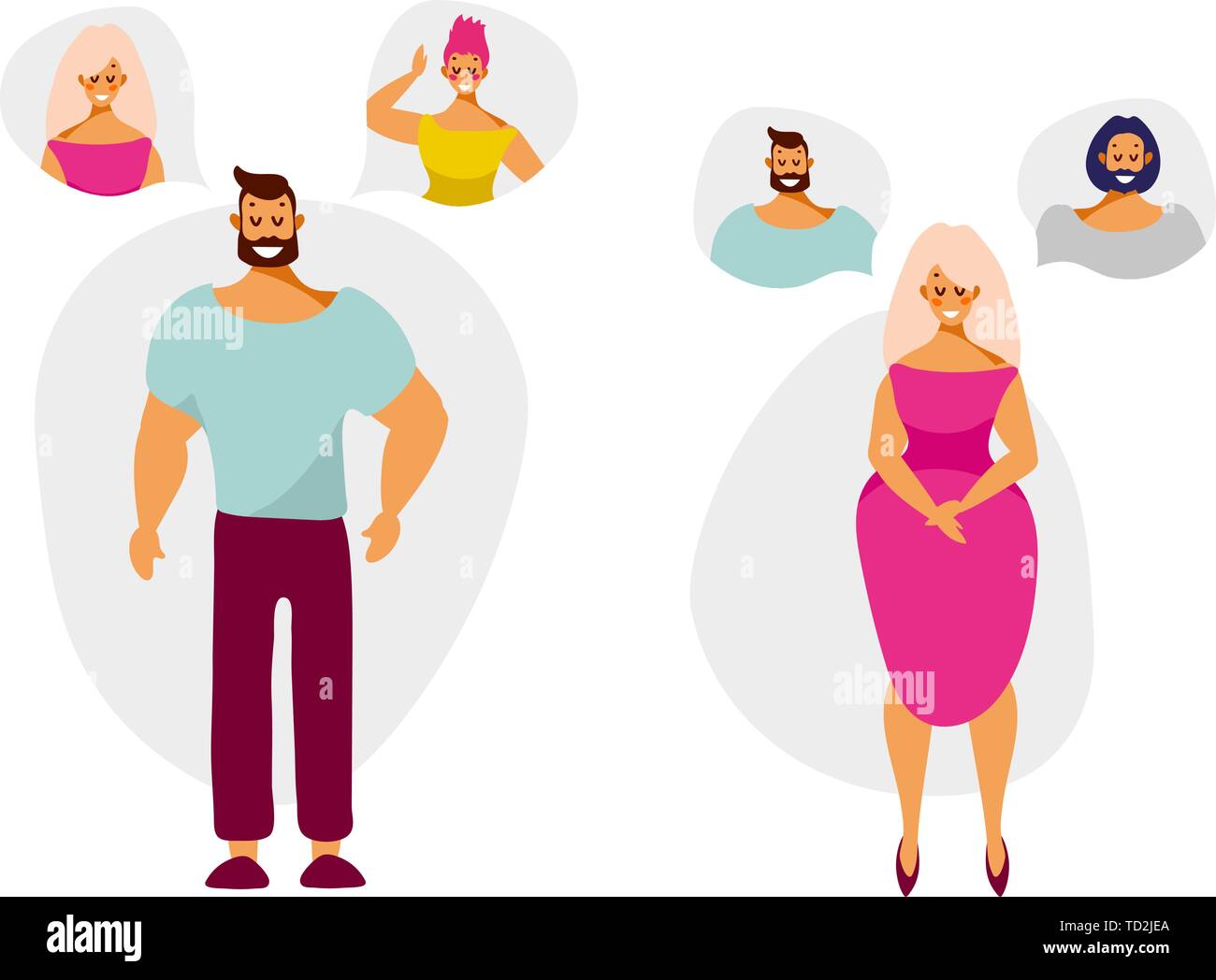 Zeichentrickfiguren Mann und Frau denken und träumen von einem Partner. Vector Illustration im flachen Stil auf weißem Hintergrund. Stock Vektor