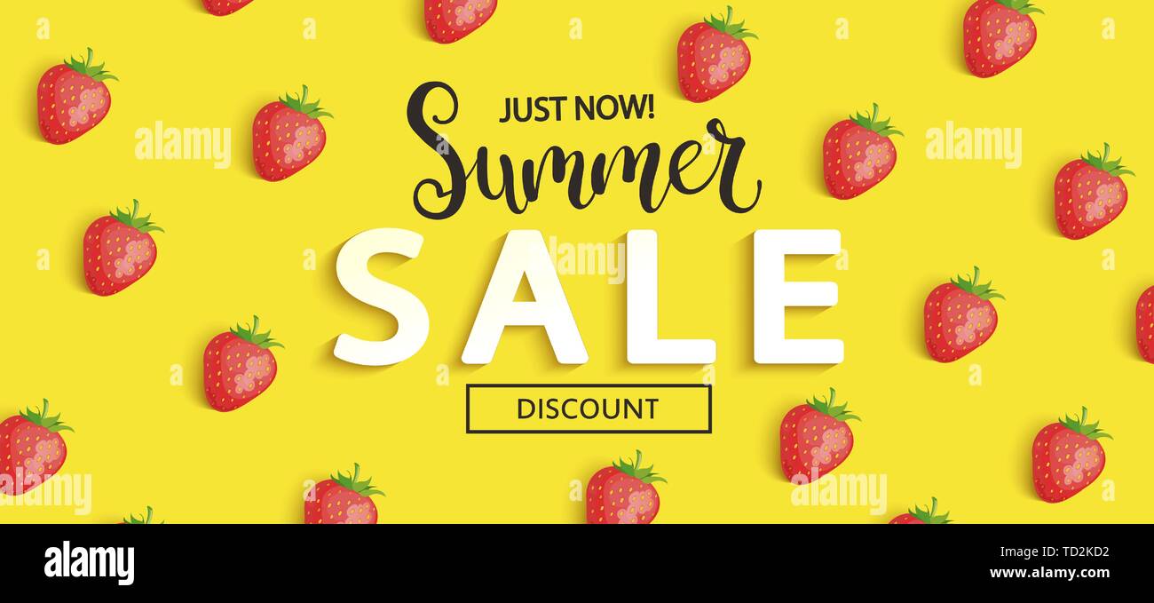 Summer Sale Erdbeere Banner auf gelbem Hintergrund Stock Vektor