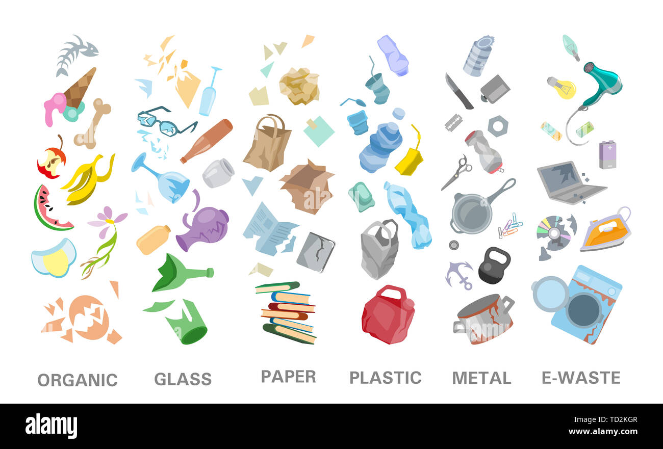 Sortierung Abfall Management Konzept Trennung Müllabfuhr Mülltonne Abbildung Stockfoto