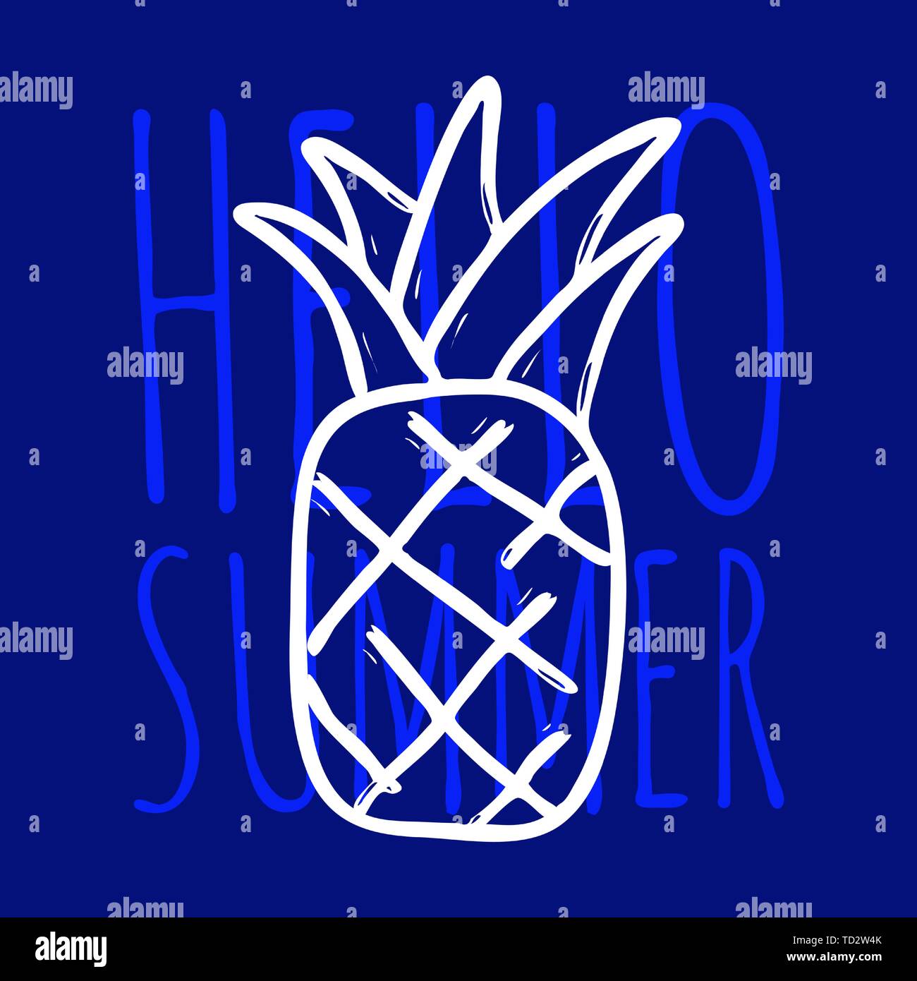 Doodle Ananas. Sommer poster Hand gezeichnet Symbol mit lustigen Text auf farbigen Hintergrund. Stock Vektor