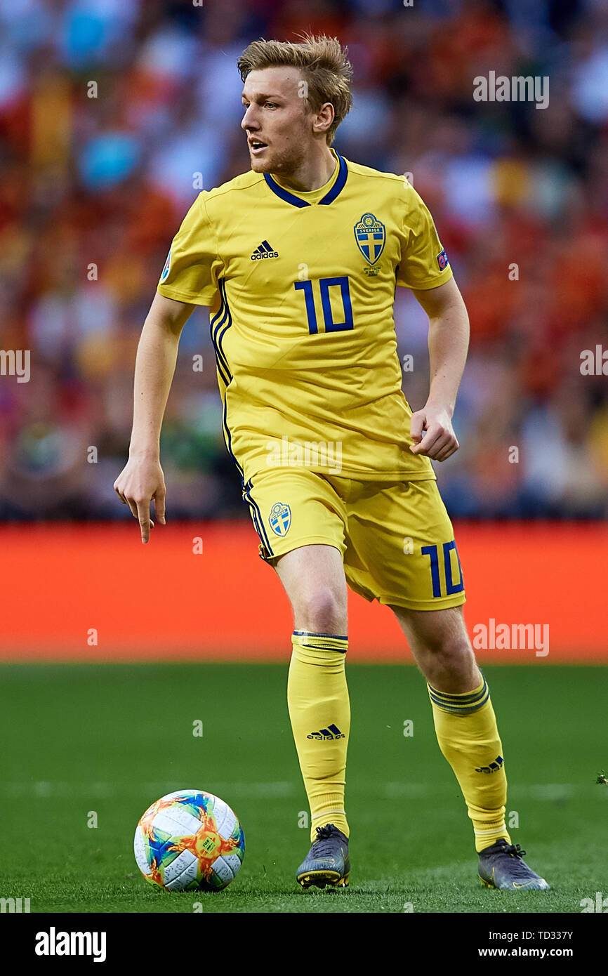 MADRID, Spanien - 10. Juni: Emil Forsberg von Schweden in Aktion während der UEFA EURO 2020 qualifier Match zwischen Schweden und Spanien in Santiago Bernabeu am 10. Juni 2019 in Madrid, Spanien. (Foto von David Aliaga/MB Medien) Stockfoto