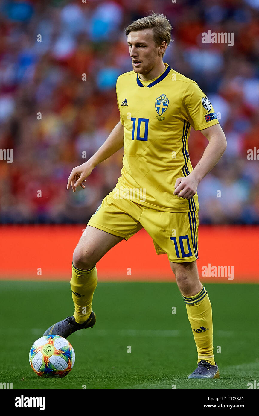 MADRID, Spanien - 10. Juni: Emil Forsberg von Schweden in Aktion während der UEFA EURO 2020 qualifier Match zwischen Schweden und Spanien in Santiago Bernabeu am 10. Juni 2019 in Madrid, Spanien. (Foto von David Aliaga/MB Medien) Stockfoto