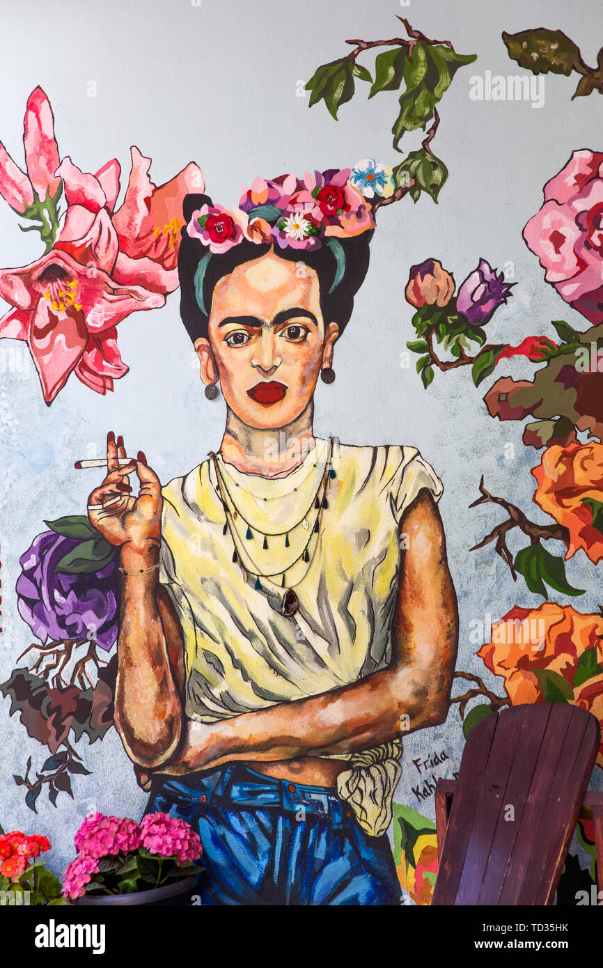 Frida Kahlo Portrait an der Wand des Point Hotel in Tiflis, Georgien prüfen. Stockfoto