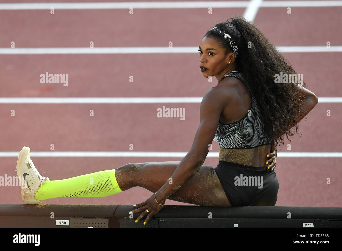 Caterine Ibarguen von Kolumbien Gespräche mit ihrem Trainer während langer der Frauen Sprung bei der IAAF Diamond League Golden Gala Roma 06-06-2019 Stadio Olimpic Stockfoto