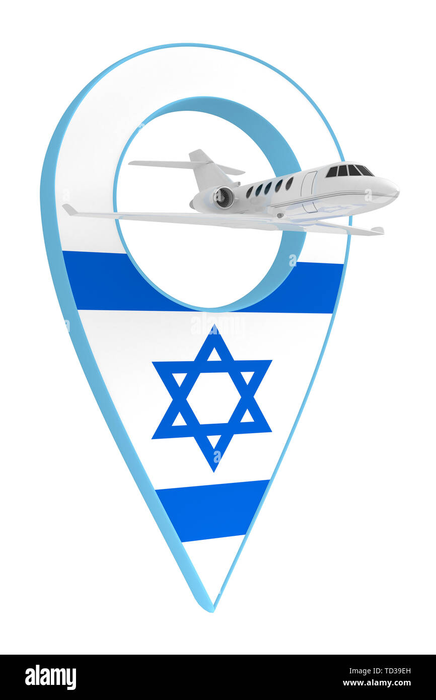 Eigenes Flugzeug mit Pin navigation Flagge Israel. 3D-Rendering Stockfoto