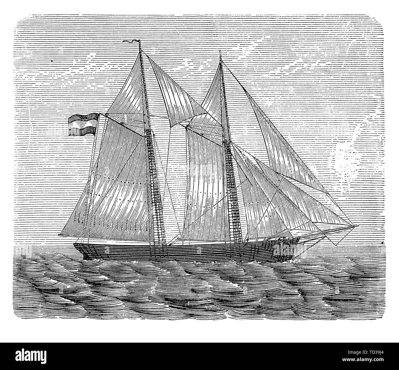 Brigantine mit Gaff manipulierten Segel, wo die Segel sind vier - in die Enge getrieben und zum Gipfel, in der Nähe der Wind zu segeln gesteuert Stockfoto