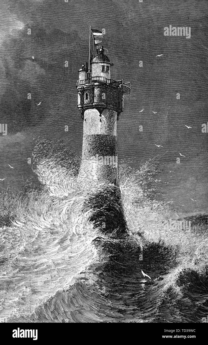 Roter Sand Leuchtturm in einem Sturm in die Nordsee auf der Weser Estuary, Deutschland, im Jahr 1885 direkt auf dem Meeresboden Stockfoto