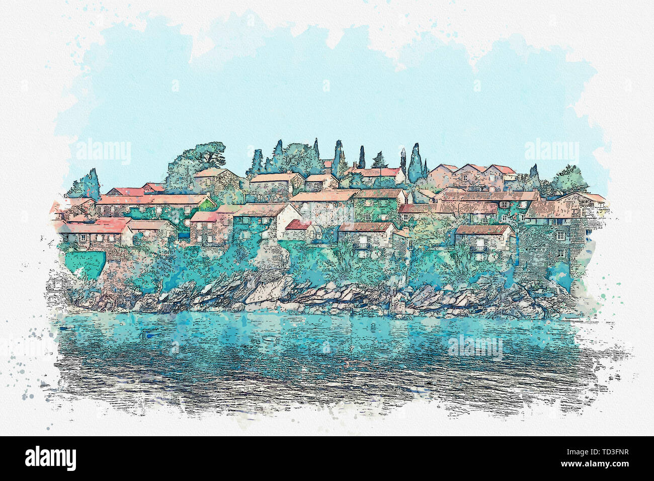 Aquarell Skizze oder Abbildung: Blick auf Architektur oder Gebäude auf der Insel Sveti Stefan in Montenegro. Stockfoto