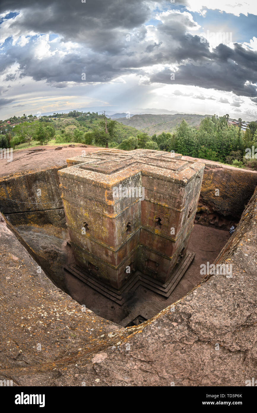 Felsen gehauen monolithische Kirche von Bet Giyorgis (Kirche St. George) in Lalibela, Äthiopien Stockfoto