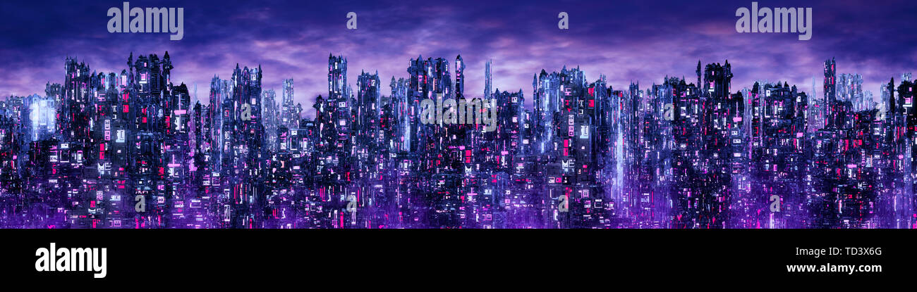 Science Fiction neon city night Panorama/3D-Darstellung der Dunklen futuristische Sci-fi-Stadt mit Getreidebrand neon Leuchten Stockfoto