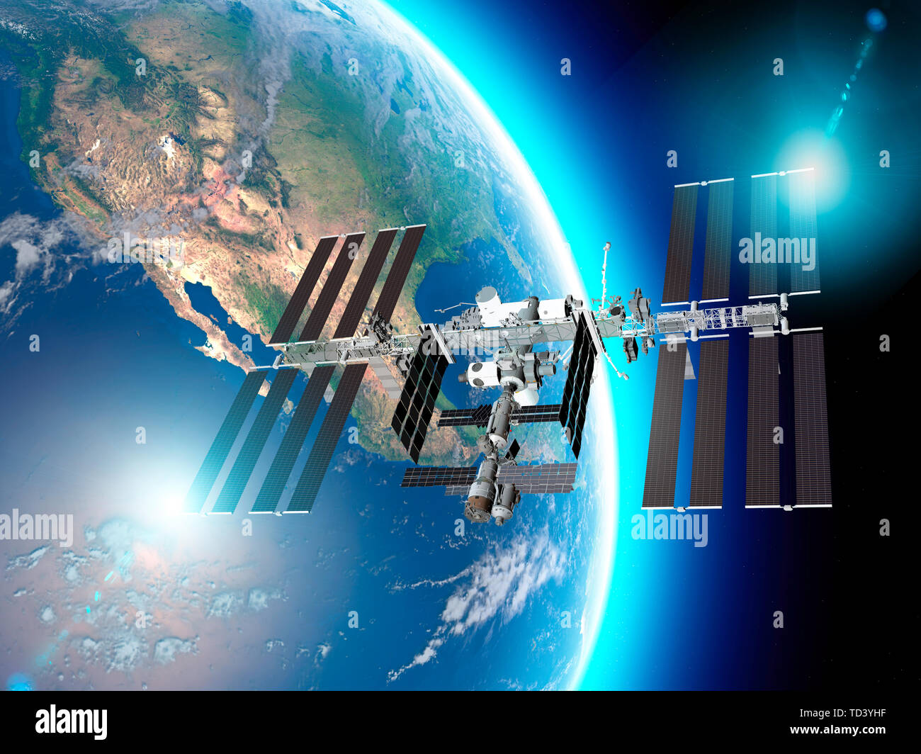 Die Internationale Raumstation (ISS) ist eine Raumstation oder einen Bewohnbaren künstlichen Satelliten im erdnahen Orbit. Sat-Blick auf die Erde und ISS Stockfoto