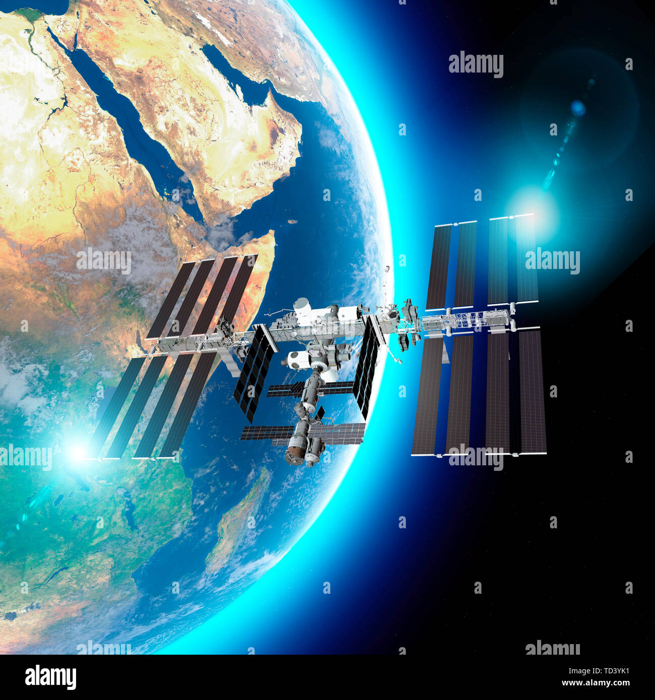 Die Internationale Raumstation (ISS) ist eine Raumstation oder einen Bewohnbaren künstlichen Satelliten im erdnahen Orbit. Sat-Blick auf die Erde und ISS Stockfoto