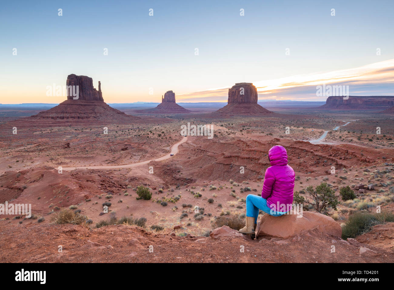 Sandstein Buttes im Monument Valley Navajo Tribal Park auf der Arizona-Utah Grenze, Vereinigte Staaten von Amerika, Nordamerika Stockfoto