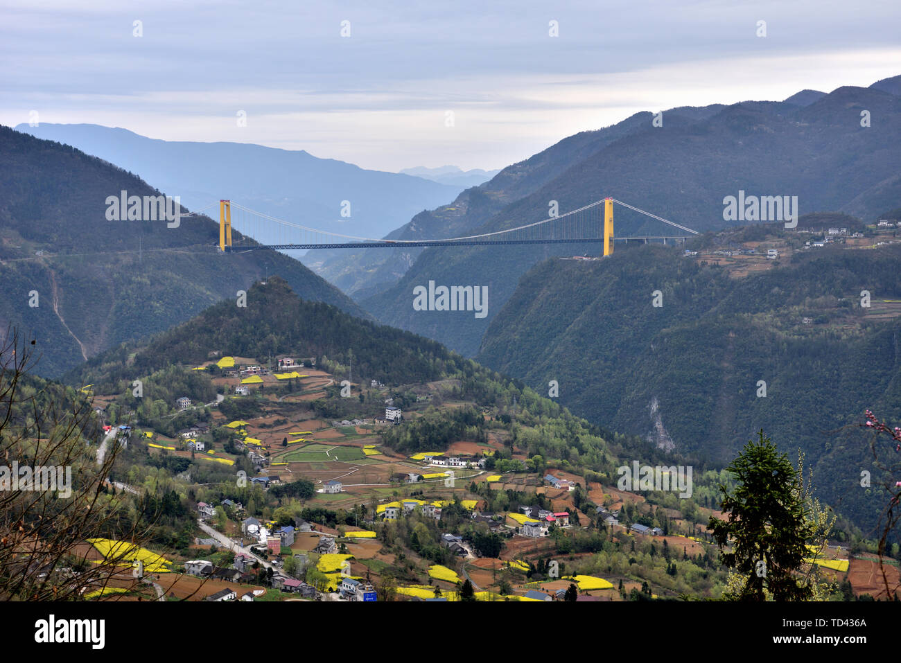 Im April 2019 auf der Wilden Sanpo Sadu River Bridge in Badong County, Provinz Hubei fotografiert. Die längste Hängebrücke der Welt. Stockfoto