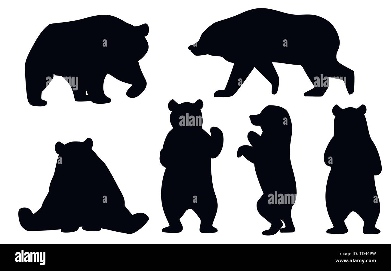 Schwarze Silhouette von Grizzly Bären. Nordamerika Tier, Braunbär. Cartoon animal Design. Flache Vector Illustration auf weißem Hintergrund. Stock Vektor