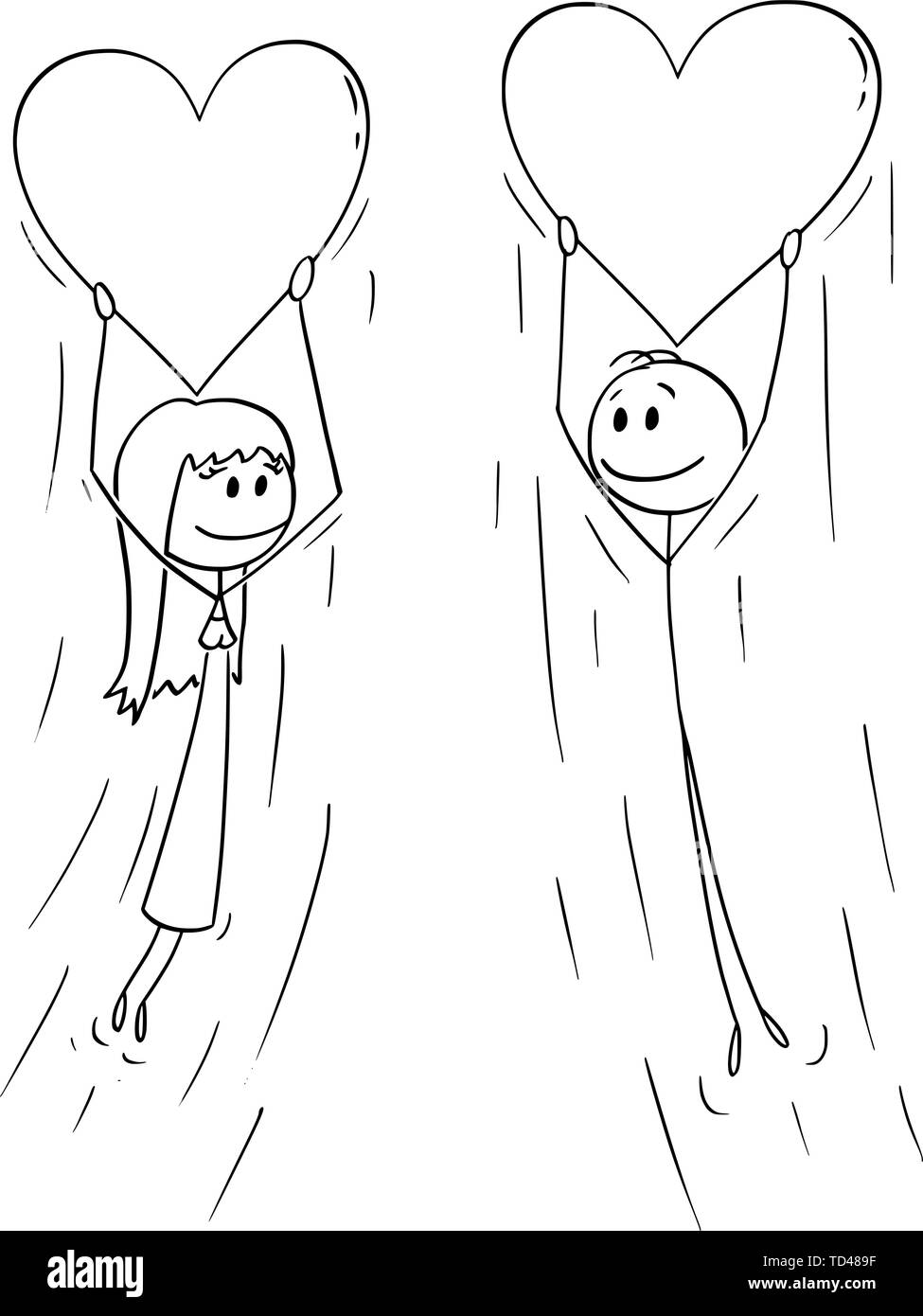 Vektor cartoon Strichmännchen Zeichnen konzeptionelle Darstellung der Paar von Frau und Mann in Liebe Holding großen aufblasbaren Herz Ballon und fliegen zusammen. Stock Vektor