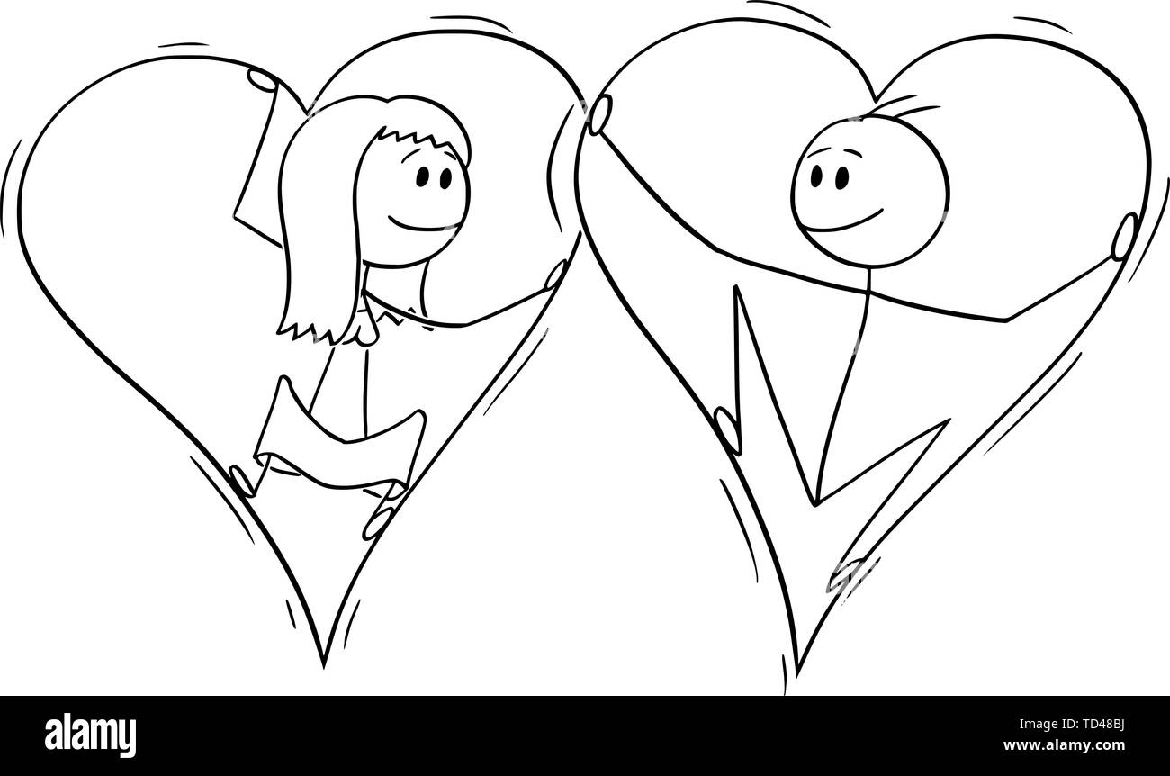 Vektor cartoon Strichmännchen Zeichnen konzeptionelle Darstellung der Paare von Mann und Frau in der Liebe im Inneren der grosse Herzen gefangen. Stock Vektor
