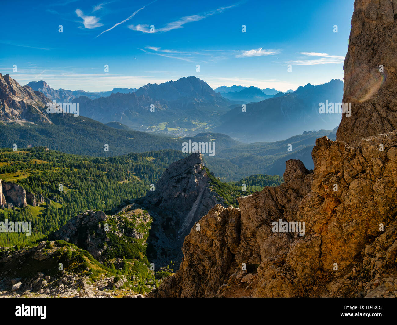 Giau, Cortina d'Ampezzo und Cristallo bei Sonnenaufgang, Dolomiten, Venetien, Italien, Europa Stockfoto