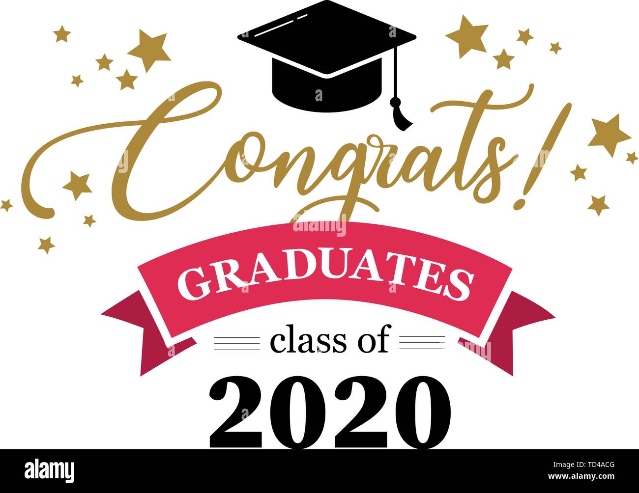 Logo typo congrats Absolventen der Klasse von 2020 mit Sternen und Farbband Stock Vektor