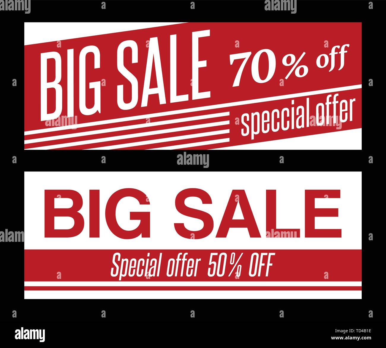 Satz von zwei Verkauf banner Vorlagen, auf schwarzem Hintergrund isoliert. Moderne Web Banner. Große Rabatte, Angebot, Preis. Roten und weißen Farben. Vektor. Stock Vektor