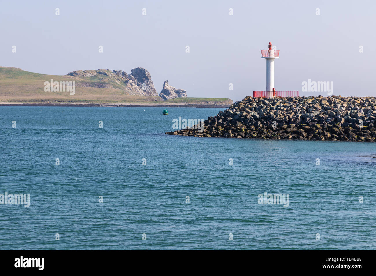Details von Howth Lighthouse mit Irlands Auge Insel im Hintergrund, Howth, Dublin, Irland Stockfoto