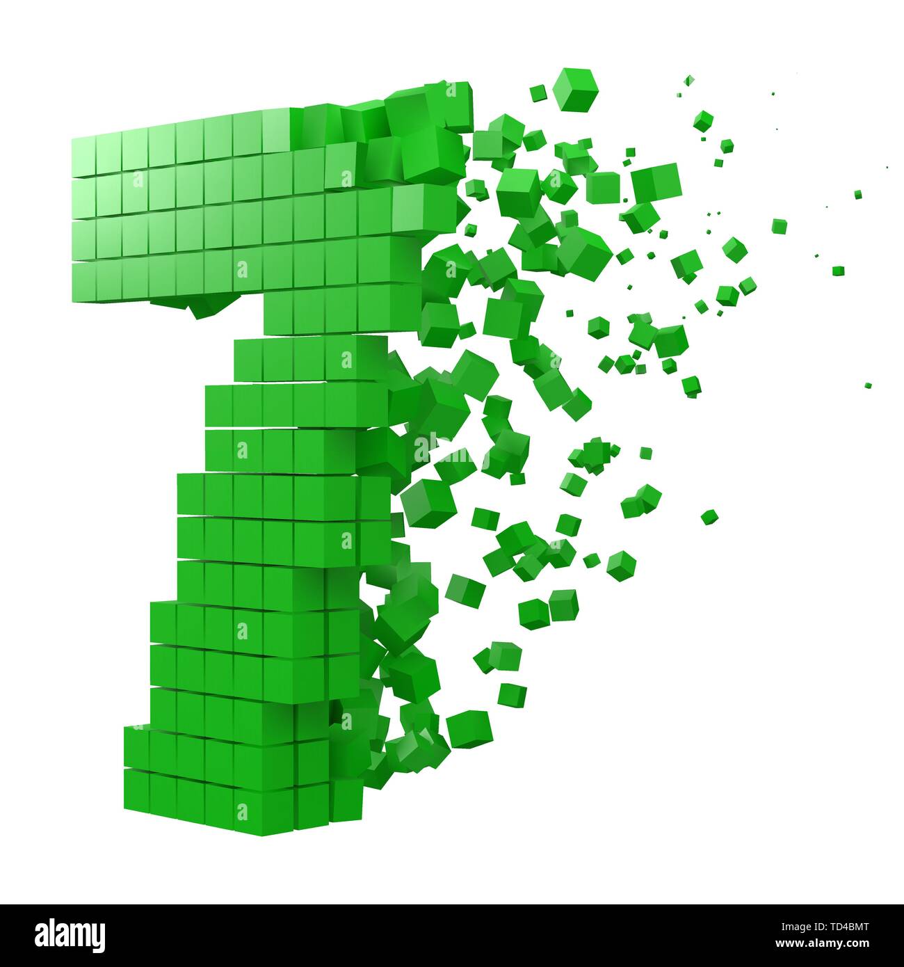 Nummer 7 geformte Datenbaustein. Version mit grünen Würfel. 3D-Pixel style Vector Illustration. Geeignet für blockchain, Technik, Computer und abstrakte t Stock Vektor