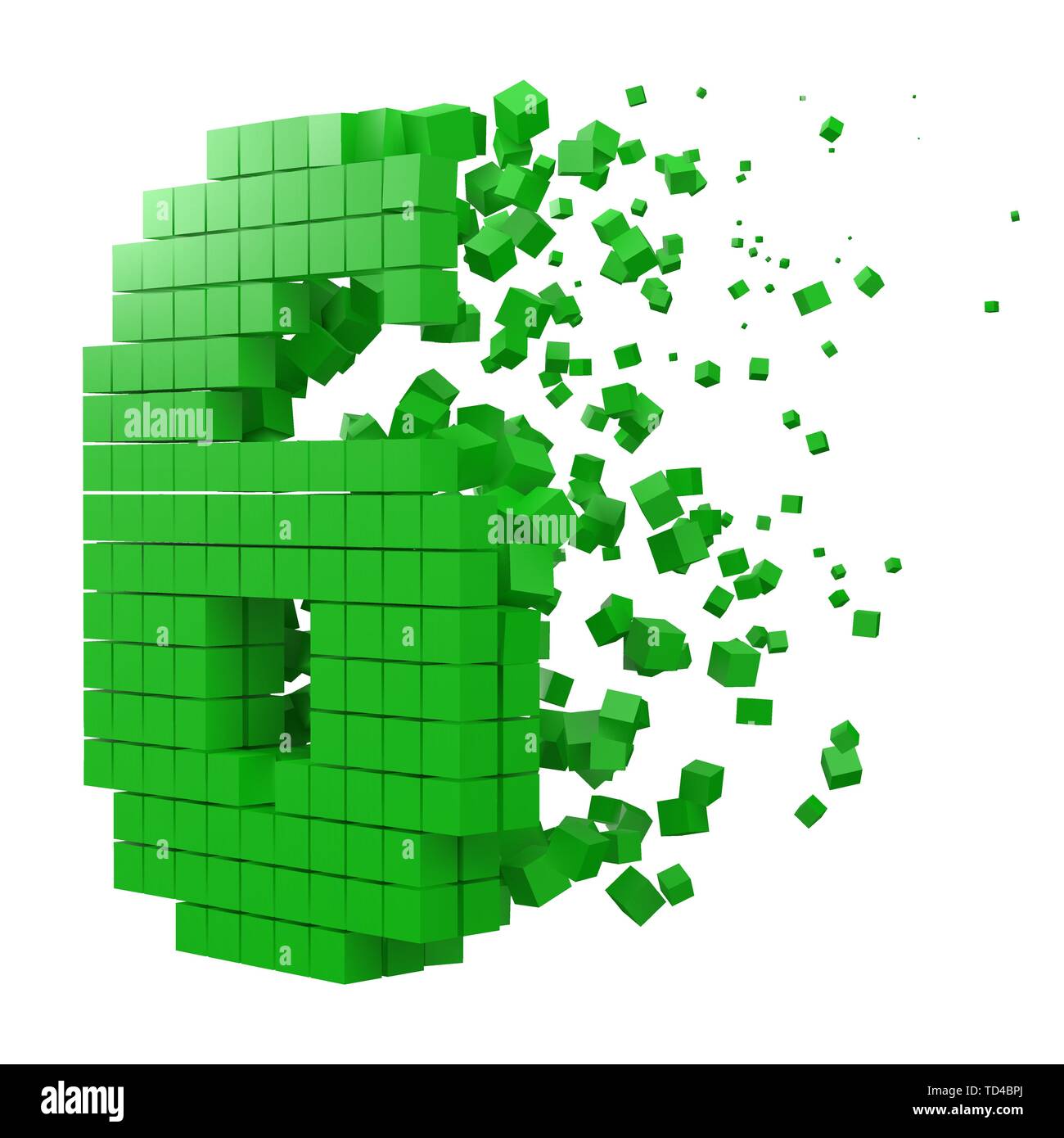 Nummer 6 geformte Datenbaustein. Version mit grünen Würfel. 3D-Pixel style Vector Illustration. Geeignet für blockchain, Technik, Computer und abstrakte t Stock Vektor