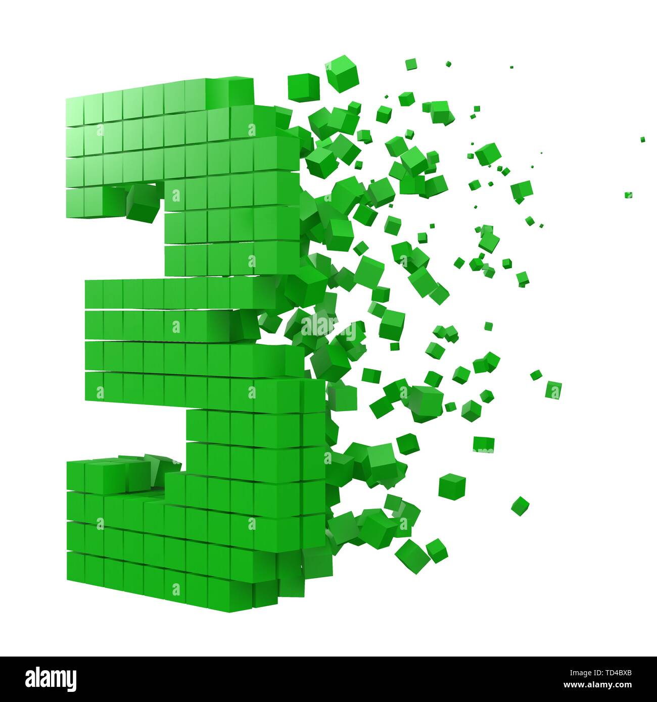 Nummer 3 geformte Datenbaustein. Version mit grünen Würfel. 3D-Pixel style Vector Illustration. Geeignet für blockchain, Technik, Computer und abstrakte t Stock Vektor