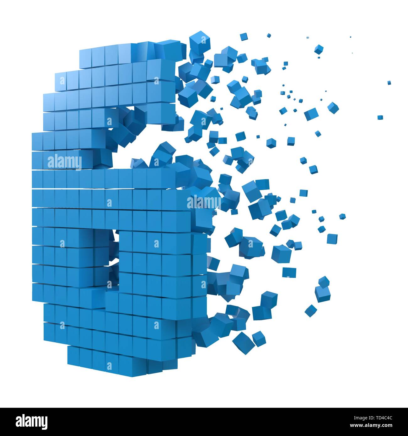 Nummer 6 geformte Datenbaustein. Version mit blauen Würfel. 3D-Pixel style Vector Illustration. für blockchain, Technik, Computer und abstrakte th geeignet Stock Vektor