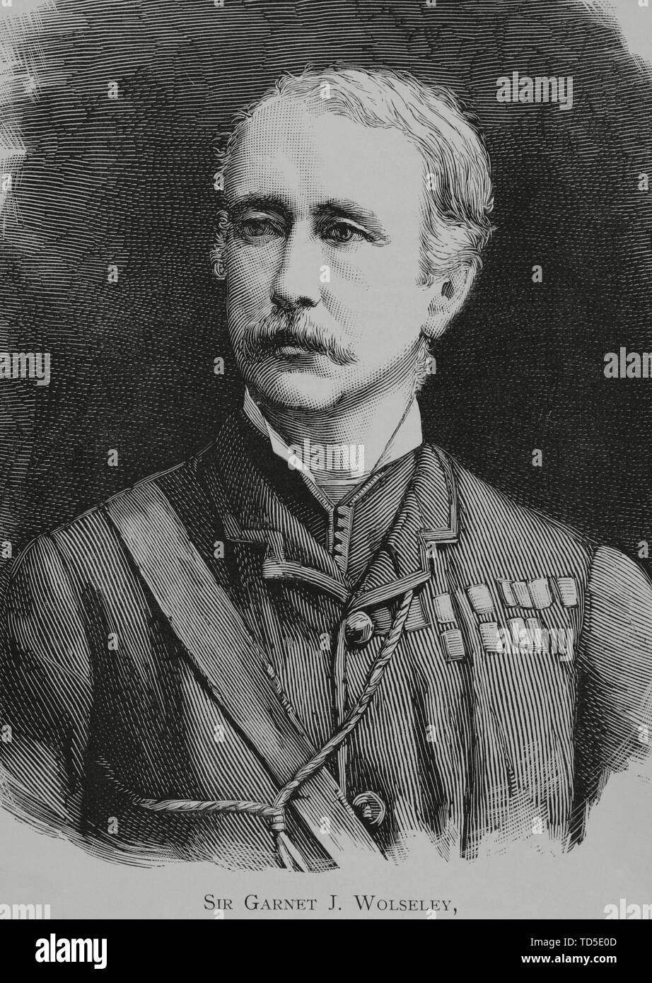 Garnet Joseph Wolseley (1833-1913). Militar del Ejército Británico. Allgemeine Jefe del Ejército inglés Durante la revuelta Nacionalista de Egipto, 1882. Grabado. La Ilustración Española y Americana, 8 de Septiembre de 1882. Stockfoto