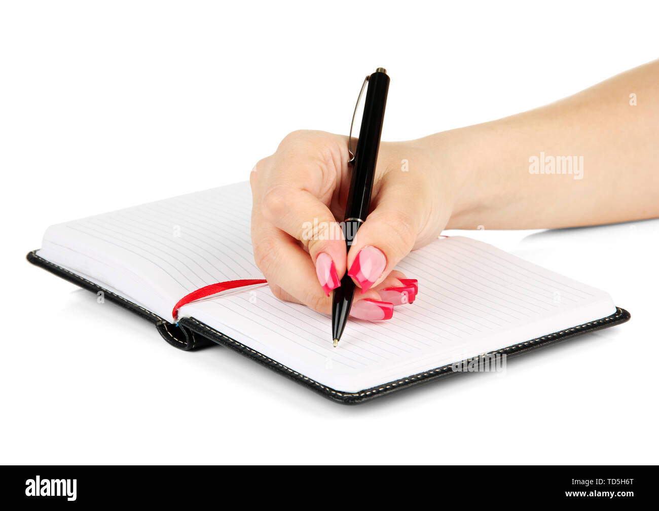 Hand anmelden Notebook, isoliert auf weißem Stockfoto