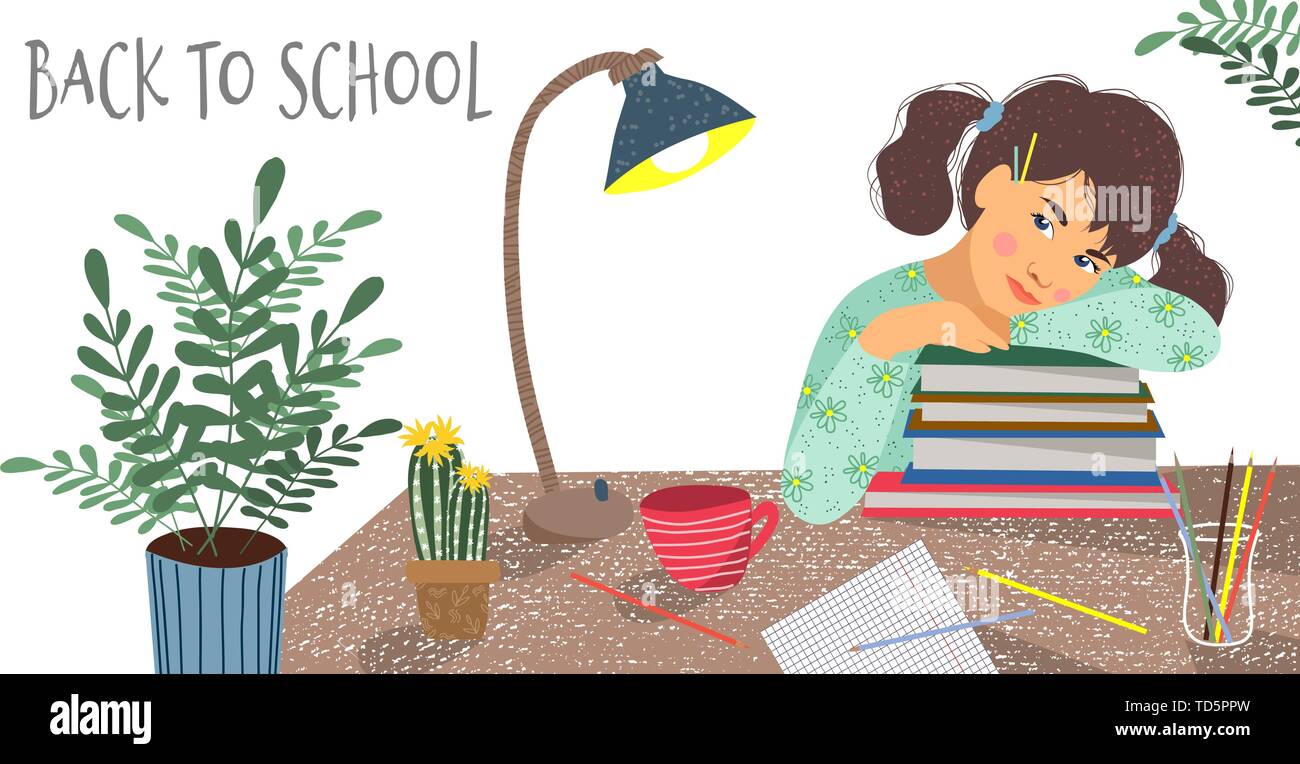 Zurück zu Schule. Cute horizontale Vektor Illustration einer Sitzung über die Bücher. Mädchen, Bücher-, Notebook-, Blumen- und Tischlampe auf einem Tisch auf einem Stock Vektor