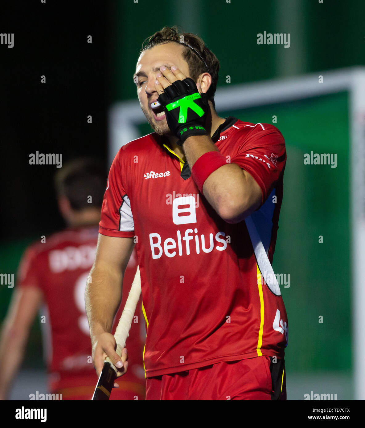 Krefeld, Deutschland, 12.06.2019, Hockey, Fih pro Liga, Männer, Deutschland gegen Belgien: Emmanuel Stockbroekx (Belgien) reagiert. Stockfoto