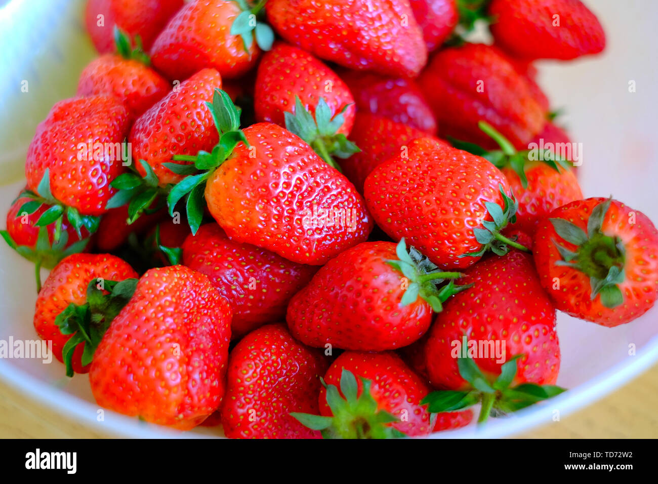 Frische Erdbeeren waschen und in eine Schüssel geben. Nahaufnahme, Ansicht von oben Stockfoto